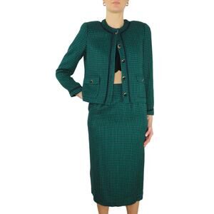 Gianni Vintage Emerald Green Plaid Tweed Skirt Suit Blazer Pencil Skirt Small